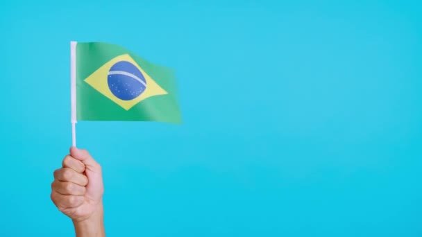 风挥动着一只手握着的巴西国旗 — 图库视频影像