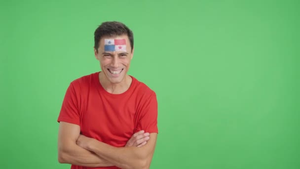 Video Estudio Con Croma Hombre Pie Con Bandera Panameña Pintado — Vídeo de stock