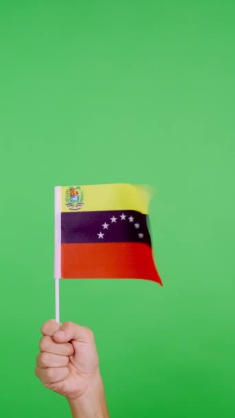 風で振りながらベネズエラのペナントを持ち上げる手のクロマとスタジオでのスローモーションビデオ — ストック動画