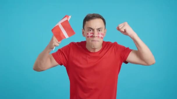 Videó Stúdióban Egy Férfi Krómjával Amint Egy Dán Nemzeti Zászlót — Stock videók