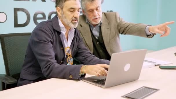 两个成熟合伙人讨论在计算机前解雇哪些员工的水平慢动作视频 — 图库视频影像