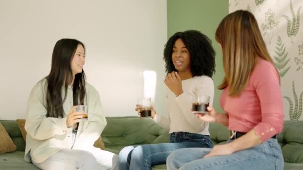 Vídeo Cámara Lenta Grupo Mujeres Multiétnicas Hablando Bebiendo Casa — Vídeos de Stock