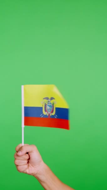 Zpomalit Video Studiu Chromou Ruky Zvedání Ekuadoriánské Vlajky Při Vlnění — Stock video
