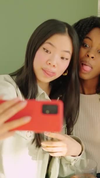 Vídeo Câmera Lenta Grupo Mulheres Multirraciais Puxando Rostos Engraçados Tirar — Vídeo de Stock