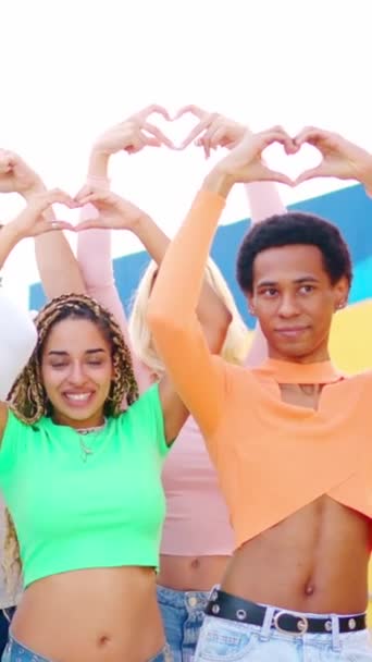 Lassú Mozgású Videó Többnemzetiségű Barátokról Akik Szívformát Mutogatnak Kezeikkel Szabadban — Stock videók