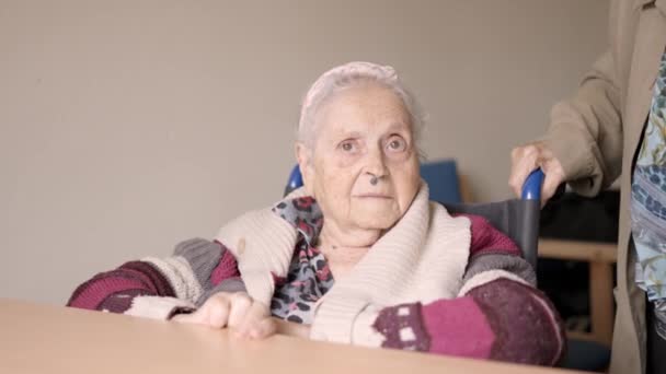 一个老年妇女坐在轮椅上看着相机的慢镜头 — 图库视频影像