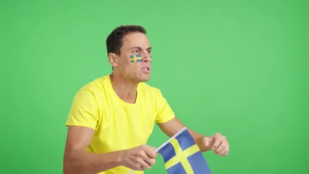 Video Studiu Chromou Muže Který Odvrací Pohled Mává Švédskou Národní — Stock video
