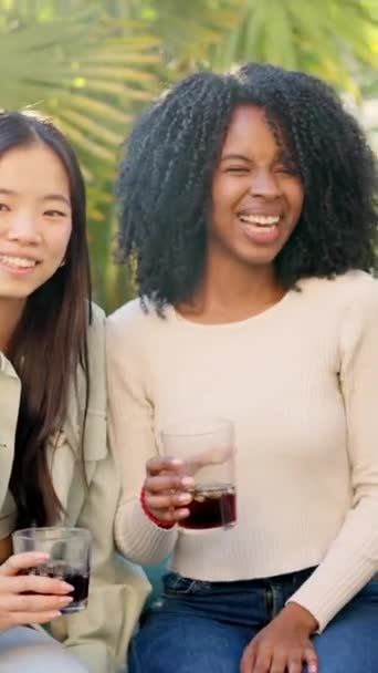 夕日中に庭でワインを飲みながらカメラで笑っている3人の多民族友人のスローモーションビデオ — ストック動画