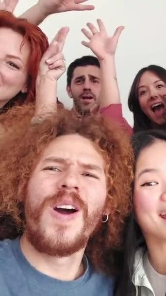 Slow Motion Video Group Multi Ethnic Friends Joking Taking Selfie — Stock Video