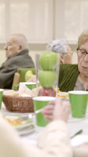 Відео Повільного Руху Групи Літніх Жінок Які Їдять Розмовляють Сидячи — стокове відео