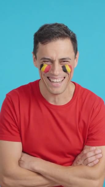 Video Studio Chroma Man Standing Belgian Flag Painted Face Smiling — Stock Video