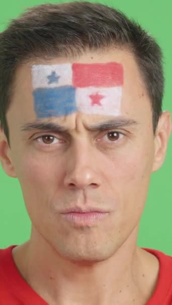 カメラを見ている顔にパナマの旗を塗った深刻な男のクロマのスタジオでのビデオ — ストック動画