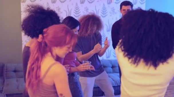 Slow Motion Video Group Multi Ethnic Friends Dancing Partying Apartment — Stock Video