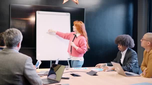 一名妇女在共同工作空间介绍项目时使用白板时的水平慢动作视频 — 图库视频影像