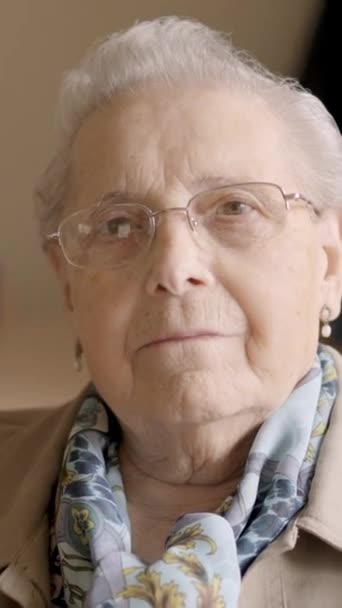 Медленное Видео Уверенной Старухой Смотрящей Камеру Сидящую Пожилом Возрасте — стоковое видео