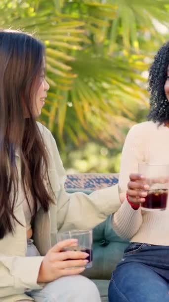 Powolny Film Przyjaciółmi Wielu Grup Etnicznych Uśmiechniętymi Pijącymi Ogrodzie — Wideo stockowe