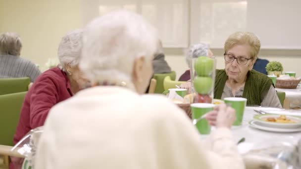 Zeitlupenvideo Einer Gruppe Älterer Frauen Beim Essen Und Reden Speisesaal — Stockvideo