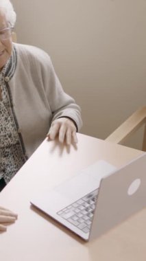 Yaşlılardan gelen bir video kaydı sırasında laptopla oturan iki yaşlı insanın yavaş çekim videosu.