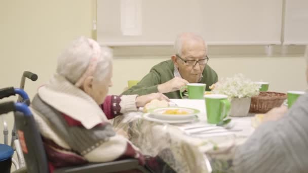 高齢者の後期旅行とスローモーションビデオは 高齢者のダイニングルームで一緒に食べる — ストック動画