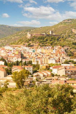 Sardunya 'nın kalesiyle Bosa köyünün panoramik manzarası. Sardunya, İtalya. Dikey fotoğraf