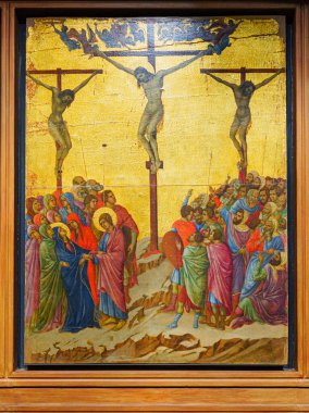 Siena, İtalya, 3 Ocak 2024 İsa 'nın çarmıha gerilmesi. Duccio Odası. Katedraller Müzesi