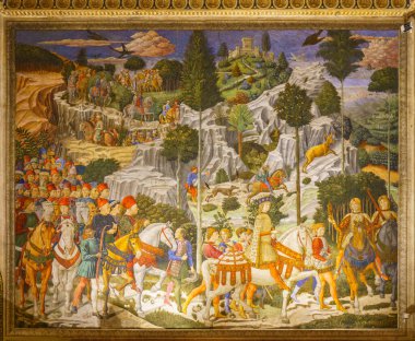 Floransa, İtalya, 5 Ocak 2024: Büyücüler Geçidi. Muhteşem Lorenzo at sırtında Magi olarak temsil ediliyor. Benozzo Gozzoli. Medici Riccardi Sarayı Şapeli, Doğu Duvarı.