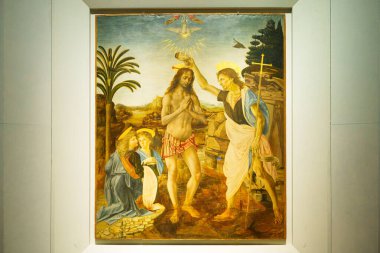 Floransa, İtalya, 4 Ocak 2024: İsa 'nın Vaftiz Töreni. Andrea del Verrocchio ve Leonardo da Vinci. Uffizi Galerisi