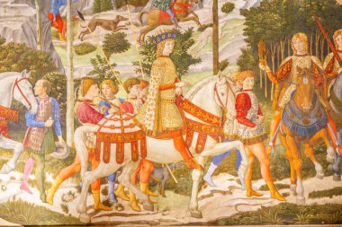 Floransa, İtalya, 5 Ocak 2024: Büyücüler Geçidi. Muhteşem Lorenzo at sırtında Magi olarak temsil ediliyor. Benozzo Gozzoli. Medici Riccardi Sarayı Şapeli, Doğu Duvarı.