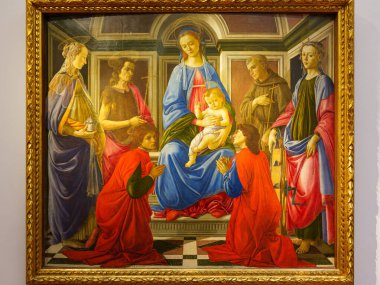 Florence, İtalya, 4 Ocak 2024: Madonna ve azizlerin çocuğu. Botticelli