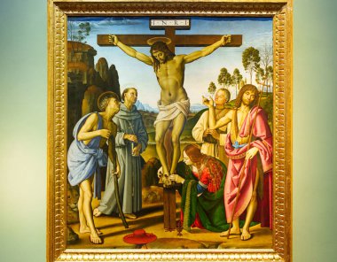 Floransa, İtalya, 4 Ocak 2024 azizlerle çarmıha gerilme. Perugino 'dan Pietro Vannucci. Uffizi Galerisi