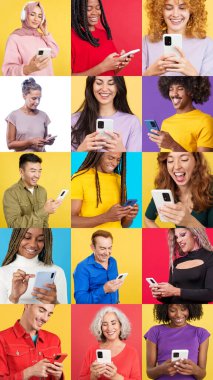 Cep telefonunu kullanan mutlu insanların mozaiği. Stüdyo fotoğrafları farklı renklerde..