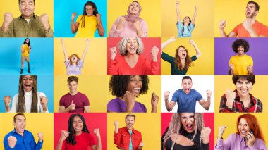 Çok kültürlü insanların kol ve yumruk kaldırmasını kutlayan mozaiği. Stüdyo fotoğrafları farklı renklerde..