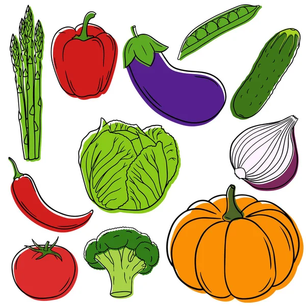 Conjunto Verduras Maduras Estilo Lineal Ilustración Brillante — Vector de stock