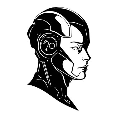 Siyah beyaz kadın robot kafasının bir tasviri. Vektör.