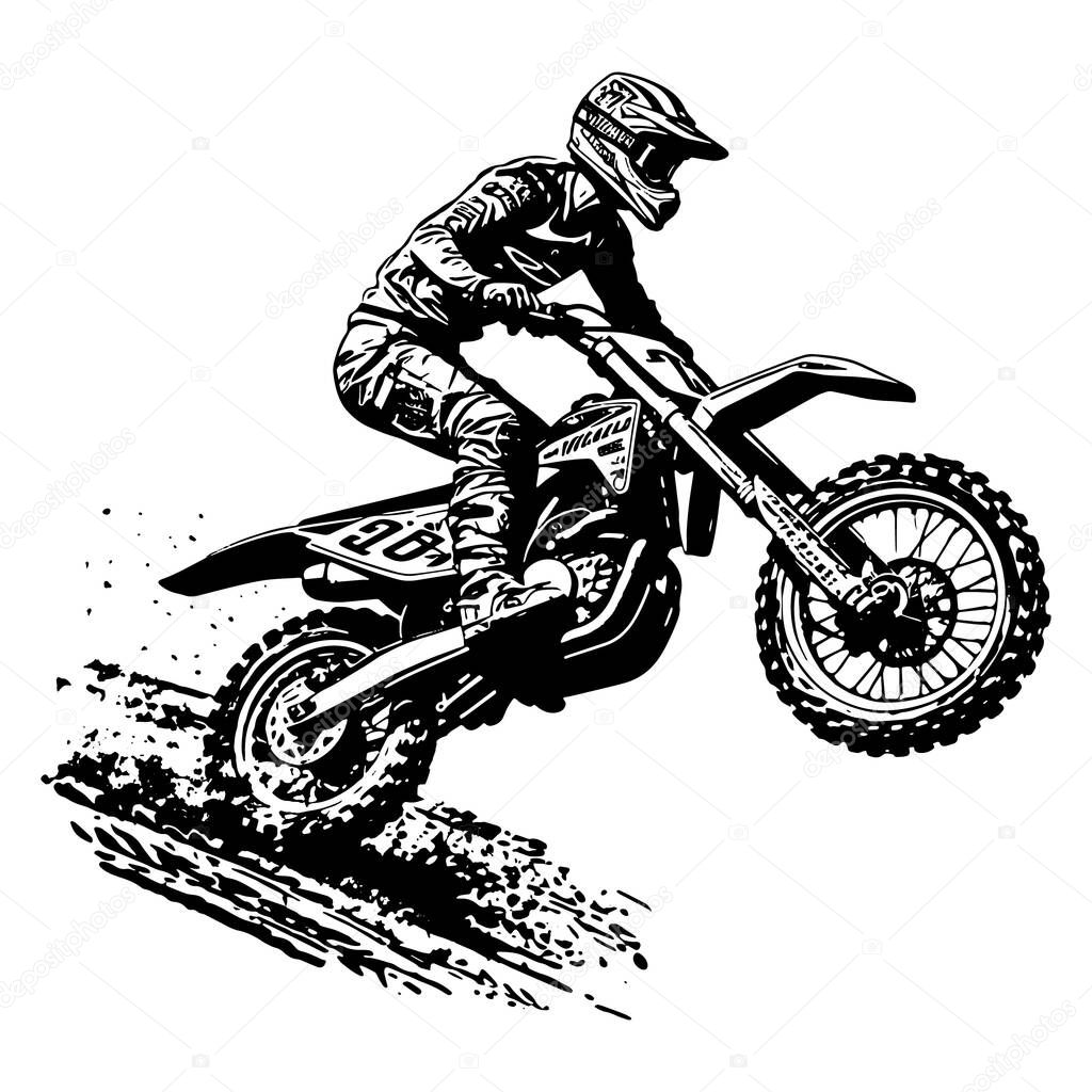 Illustration of motocross in black and white style. Vector.