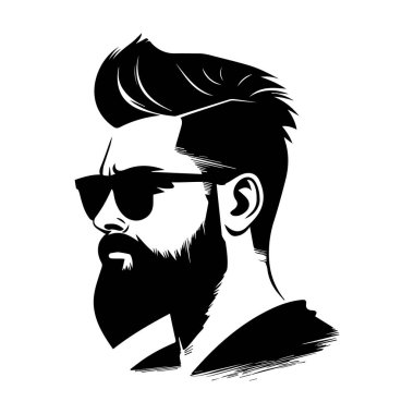 Siyah beyaz gözlüklü, sakallı bir adamın tabanca tasviri. Vektör.