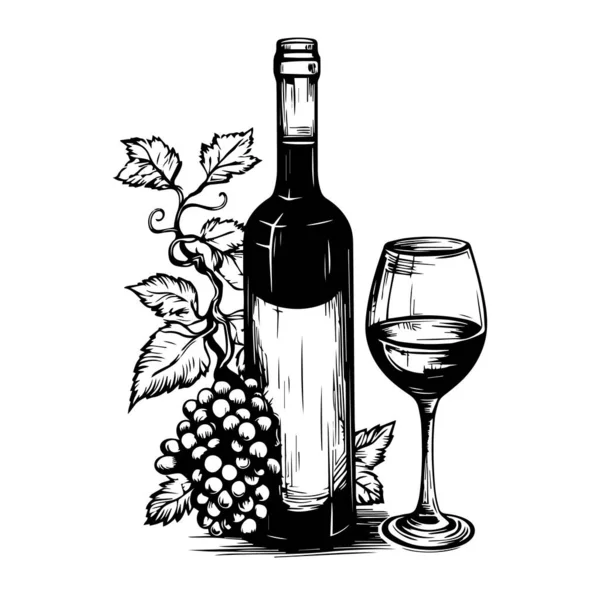 Illustrazione Bicchiere Vino Bottiglia Stile Incisione Vettore — Vettoriale Stock