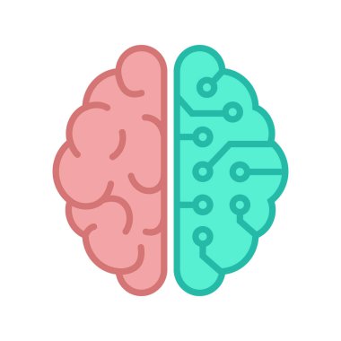 Beynin iki yarımküresi. İnsan ve siber beyin ikonu. Vektör.