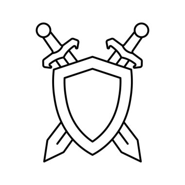 Doğrusal tarzda iki kılıç ve kalkan simgesi. Vektör.
