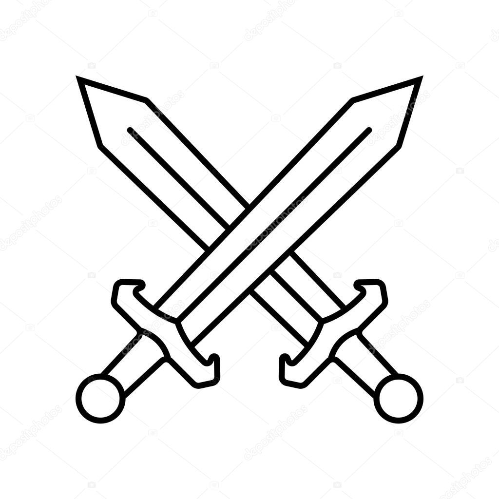 Two crossed swords icon in linear style. Vector.