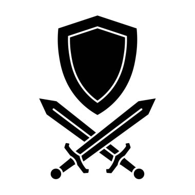Çapraz kılıçlar ve düz stil kalkan ikonu tasarımı. Vektör.