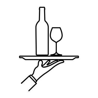 Şarap şişesi ikonu olan garson. Vektör.