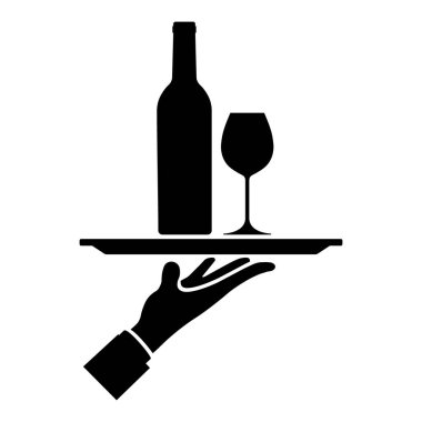 Şarap şişesi ikonu olan garson. Vektör.