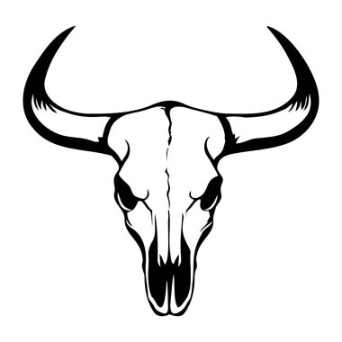 Siyah beyaz bir boğa kafatası tasviri. Vektör.