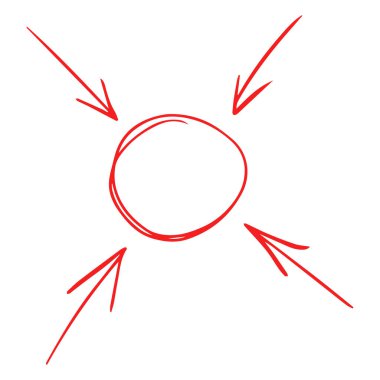 Elle çizilmiş kırmızı bir daireyi işaret eden oklar. Vektör.