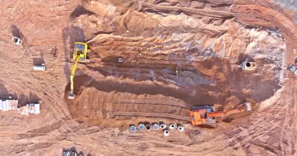 Construction Site Excavator Digging Trench Laying Sewer Lines Connection Storm — Stock Video