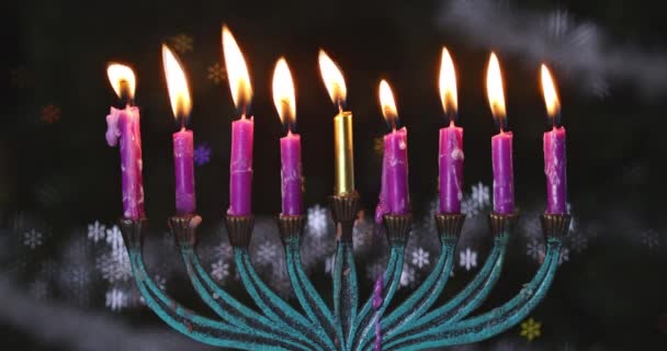 메노라 하누카를 상징하는 유대인 상징으로 보케에 촛불을 — 비디오