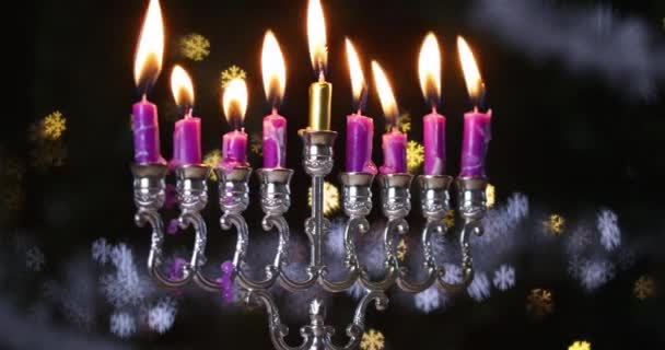 Jødisk Ferie Hanukkah Symboliseret Ved Hanukkiah Menorah Brændte Stearinlys Sløret – Stock-video
