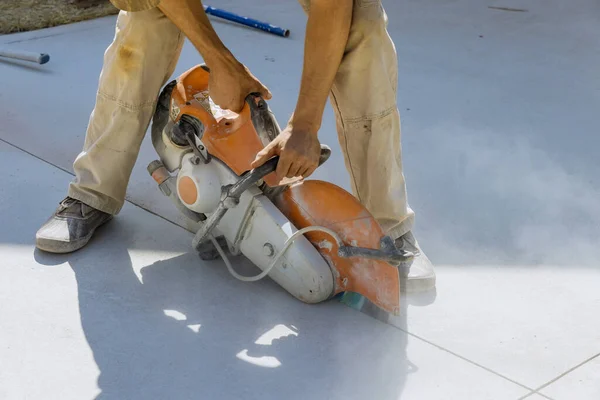 Concrete Sidewalk Cut Using Diamond Blade Saw Construction Worker — Stock Photo, Image