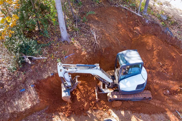 Durante Las Obras Movimiento Tierras Sitio Construcción Excavadoras Orugas Excavando — Foto de Stock